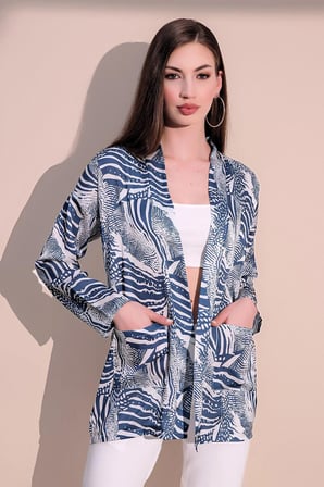 Kadın Mavi Safari Desen Yeni Moda Saten Çift Cepli Salaş Kimono Ceket - Tesettüre Uygun