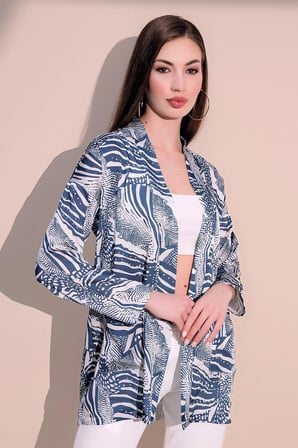 Kadın Mavi Safari Desen Yeni Moda Saten Çift Cepli Salaş Kimono Ceket - Tesettüre Uygun