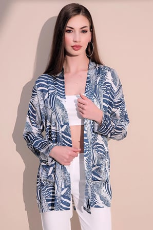 Kadın Mavi Safari Desen Yeni Moda Saten Çift Cepli Salaş Kimono Ceket - Tesettüre Uygun