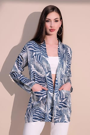 Kadın Mavi Safari Desen Yeni Moda Saten Çift Cepli Salaş Kimono Ceket - Tesettüre Uygun