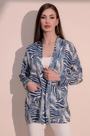 Kadın Mavi Safari Desen Yeni Moda Saten Çift Cepli Salaş Kimono Ceket - Tesettüre Uygun