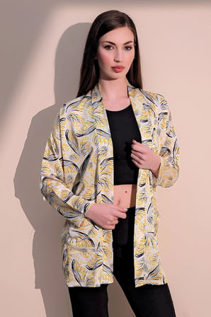 Kadın Sarı Safari Desen Yeni Moda Saten Çift Cepli Salaş Kimono Ceket - Tesettüre Uygun