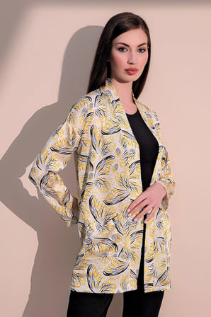Kadın Sarı Safari Desen Yeni Moda Saten Çift Cepli Salaş Kimono Ceket - Tesettüre Uygun