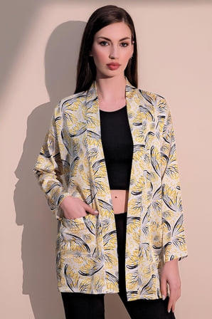 Kadın Sarı Safari Desen Yeni Moda Saten Çift Cepli Salaş Kimono Ceket - Tesettüre Uygun