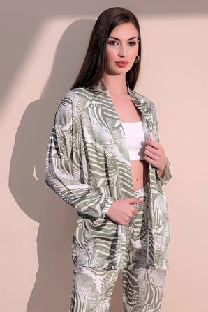 Kadın Haki Safari Desen Yeni Moda Saten Çift Cepli Salaş Kimono Ceket - Tesettüre Uygun