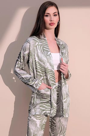 Kadın Haki Safari Desen Yeni Moda Saten Çift Cepli Salaş Kimono Ceket - Tesettüre Uygun