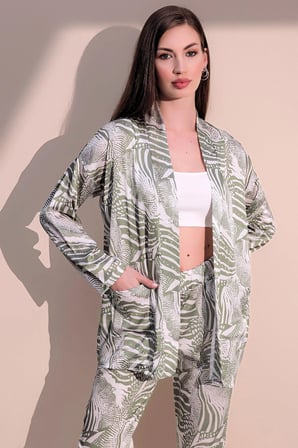 Kadın Haki Safari Desen Yeni Moda Saten Çift Cepli Salaş Kimono Ceket - Tesettüre Uygun