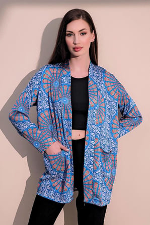 Kadın Saks Etnik Desen Yeni Moda Saten Çift Cepli Salaş Kimono Ceket - Tesettüre Uygun