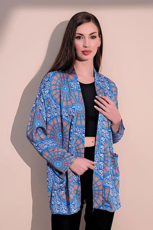 Kadın Saks Etnik Desen Yeni Moda Saten Çift Cepli Salaş Kimono Ceket - Tesettüre Uygun