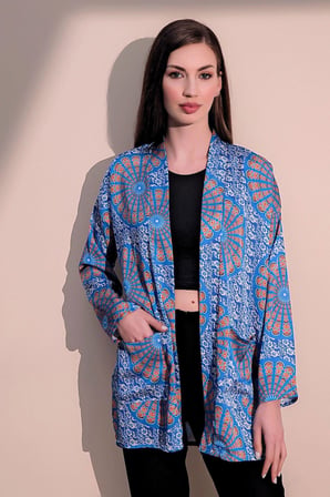 Kadın Saks Etnik Desen Yeni Moda Saten Çift Cepli Salaş Kimono Ceket - Tesettüre Uygun