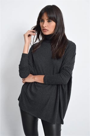 Kadın Antrasit Yeni Moda Uzun Kol Oversize Kesim Basic Örme Bluz