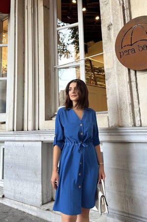 İndigo Uzun Kol, Derin Gömlek Yaka Beli Bağlamalı Cepli Önü Düğmeli, A Kesim Salaş Elbise