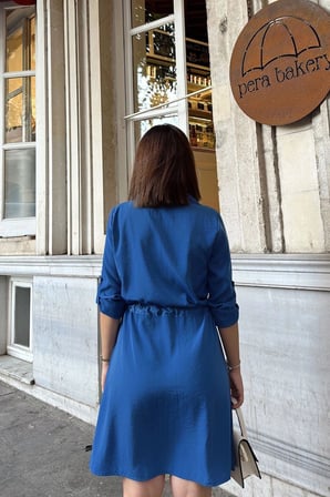 İndigo Uzun Kol, Derin Gömlek Yaka Beli Bağlamalı Cepli Önü Düğmeli, A Kesim Salaş Elbise
