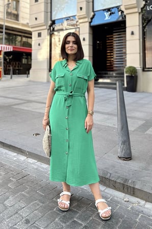 Yeşil Kısa Kol, Gömlek Yaka, Düz Desen, Çift Cepli, Aerobin Kumaş, Kuşaklı Maxi Elbise