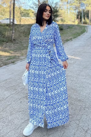 Kadın Mavi & Beyaz Kruvaze Yaka, Yırtmaçlı, Beli Kuşaklı, Bilekleri Lastikli, Salaş, Uzun Elbise