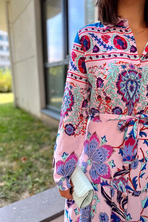 Kadın Pembe & Mavi Gömlek Yaka, Uzun Kol, Eteği Pliseli, Beli Kuşaklı, Salaş Kesim, Uzun Elbise
