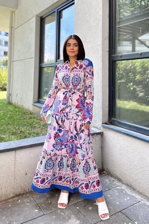 Kadın Pembe & Mavi Gömlek Yaka, Uzun Kol, Eteği Pliseli, Beli Kuşaklı, Salaş Kesim, Uzun Elbise