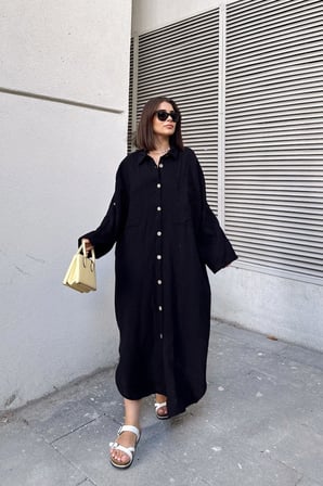 Kadın Siyah Muslin Kumaş, Yarasa Kol, Eteği Oval, Çift Cepli, Uzun Oversize Salaş Gömlek Elbise