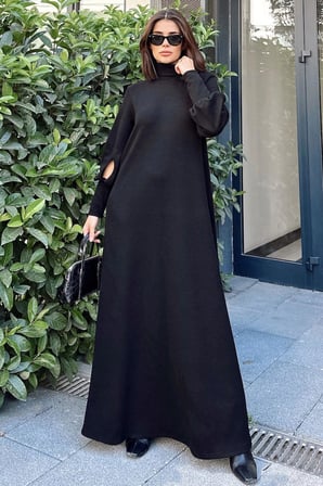 Kadın Siyah Boğazlı, Uzun Kolları Manşet Ve Pencere Detaylı, A Kesim, Salaş, Uzun Elbise