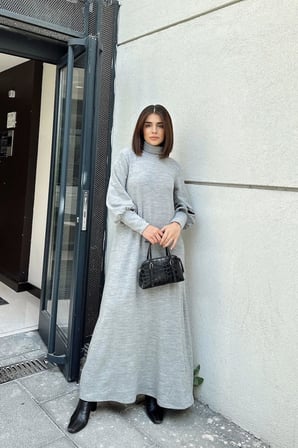 Kadın Gri Boğazlı, Uzun Kolları Manşet Ve Pencere Detaylı, A Kesim, Salaş, Uzun Elbise
