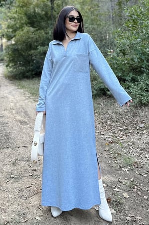 Kadın Gri Polo Yaka, Uzun Kol, Cepli, Yırtmaçlı, Salaş, Maksi Boy, Örme Elbise