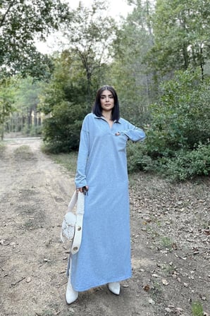 Kadın Gri Polo Yaka, Uzun Kol, Cepli, Yırtmaçlı, Salaş, Maksi Boy, Örme Elbise