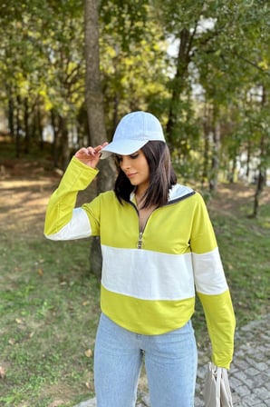 Kadın Yağ Yeşili Uzun Kol, Dik Yaka, Fermuarlı, Double Color Block Basic Sweatshirt Bluz