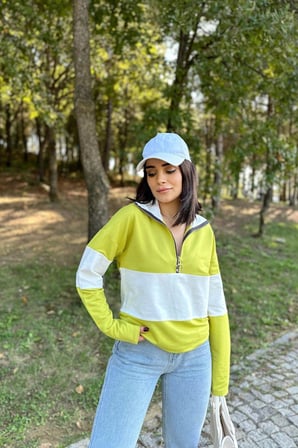 Kadın Yağ Yeşili Uzun Kol, Dik Yaka, Fermuarlı, Double Color Block Basic Sweatshirt Bluz