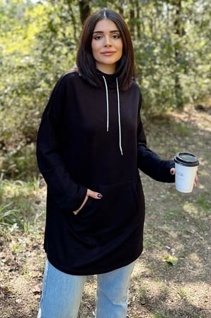 Kadın Siyah Uzun Kol, Yakası Bağcıklı, Kapüşonlu, Kanguru Cep, Salaş, Uzun Tunik Sweatshirt 