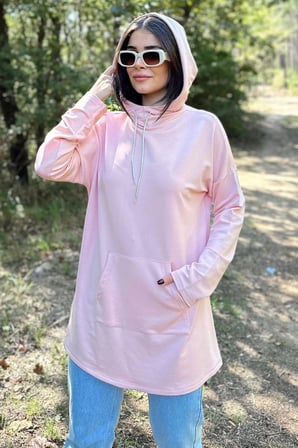 Kadın Pudra Uzun Kol, Yakası Bağcıklı, Kapüşonlu, Kanguru Cep, Salaş, Uzun Tunik Sweatshirt 