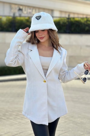 Kadın Beyaz Astarlı, Tek Düğme, Vucüda Oturan Kalıp, Fitilli Kaşe Kumaş Blazer Ceket