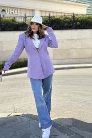 Kadın Lila Astarlı, Tek Düğme, Vucüda Oturan Kalıp, Fitilli Kaşe Kumaş Blazer Ceket