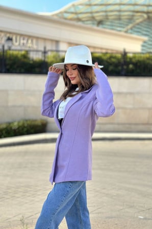 Kadın Lila Astarlı, Tek Düğme, Vucüda Oturan Kalıp, Fitilli Kaşe Kumaş Blazer Ceket