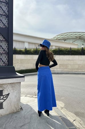 Kadın Saks Önü Yarım Yırtmaçlı, Yüksek Bel, Cepli Uzun Gabardin Etek
