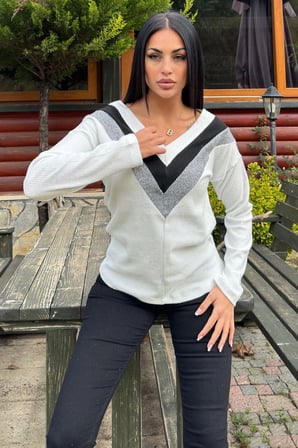 Kadın Ekru Uzun Kollu V Yaka Color Block Pamuklu Bluz Sweatshirt