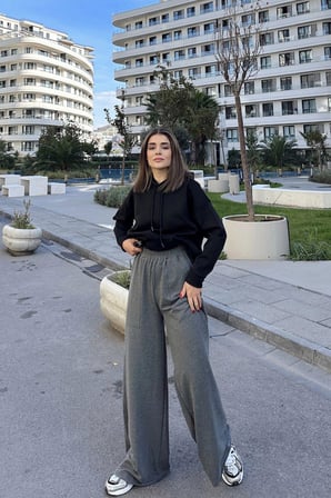 Kadın Antrasit Beli Lastikli, Cepli, Bol Paça, Salaş Pantolon