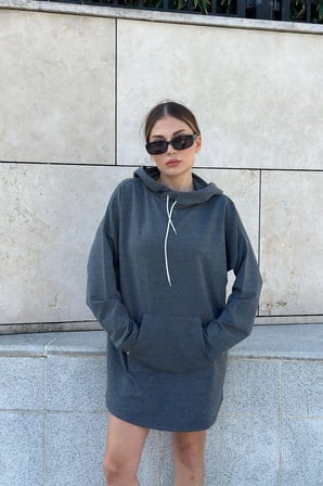 Kadın Antrasit Uzun Kol, Yakası Bağcıklı, Kapüşonlu, Kanguru Cep, Salaş, Uzun Tunik Sweatshirt