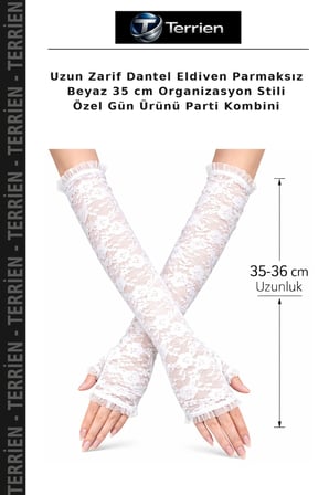 Uzun Zarif Dantel Eldiven Parmaksız Beyaz 35 cm Organizasyon Stili Özel Gün Ürünü Parti Kombini
