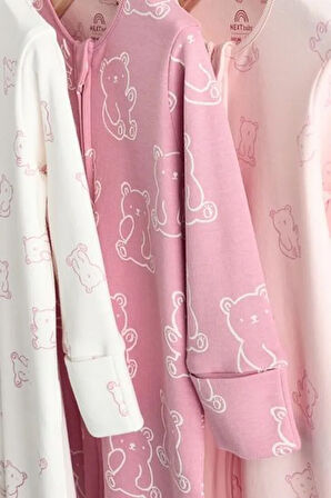 % 100 Pamuklu Pembe Ayı Desenli Fermuarlı 3'lü Tulum Set