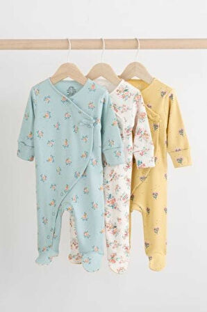 Next Baby % 100 Pamuklu Mavi Sarı Çiçek Desenli 3'lü Tulum Set