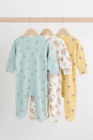 Next Baby % 100 Pamuklu Mavi Sarı Çiçek Desenli 3'lü Tulum Set