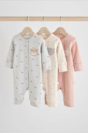 Next Baby % 100 Pamuklu Gri Pembe Hayvan Desenli 3'lü Tulum Set