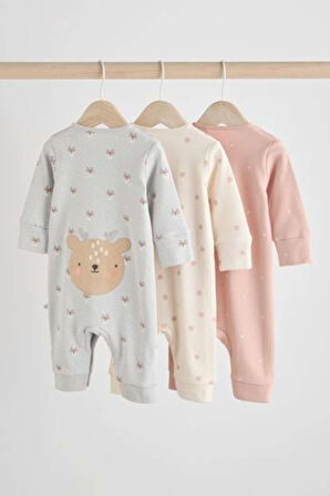 Next Baby % 100 Pamuklu Gri Pembe Hayvan Desenli 3'lü Tulum Set