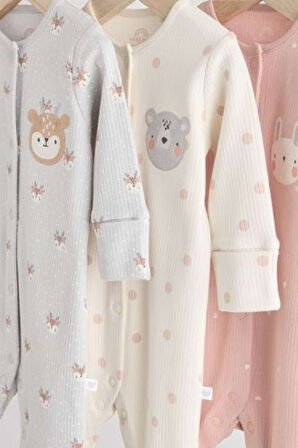 Next Baby % 100 Pamuklu Gri Pembe Hayvan Desenli 3'lü Tulum Set