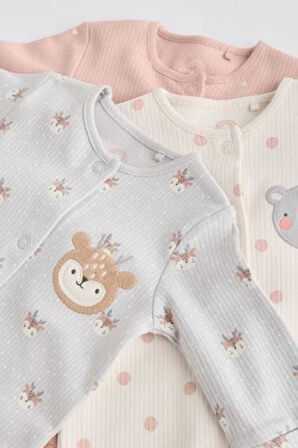 Next Baby % 100 Pamuklu Gri Pembe Hayvan Desenli 3'lü Tulum Set