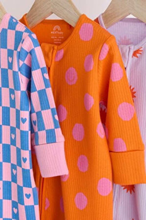 Next Baby % 100 Pamuklu Turuncu Parlak Kalp Çiçek Desenli 3'lü Tulum Set