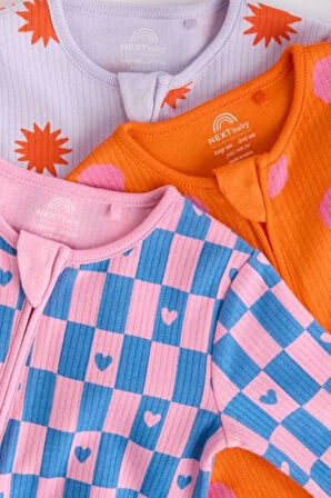 Next Baby % 100 Pamuklu Turuncu Parlak Kalp Çiçek Desenli 3'lü Tulum Set