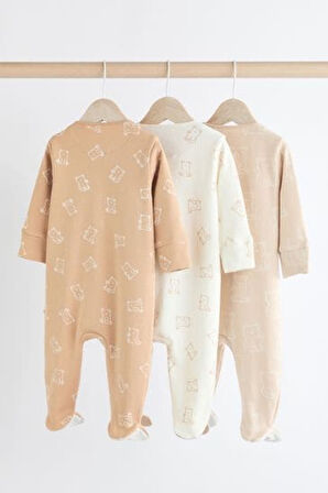 Next Baby % 100 Pamuklu Krem Ayıcık Desenli 3'lü Tulum Set