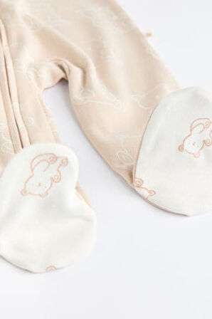 Next Baby % 100 Pamuklu Krem Ayıcık Desenli 3'lü Tulum Set