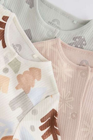 Next Baby % 100 Pamuklu Krem Hayvan Desenli 3'lü Tulum Set